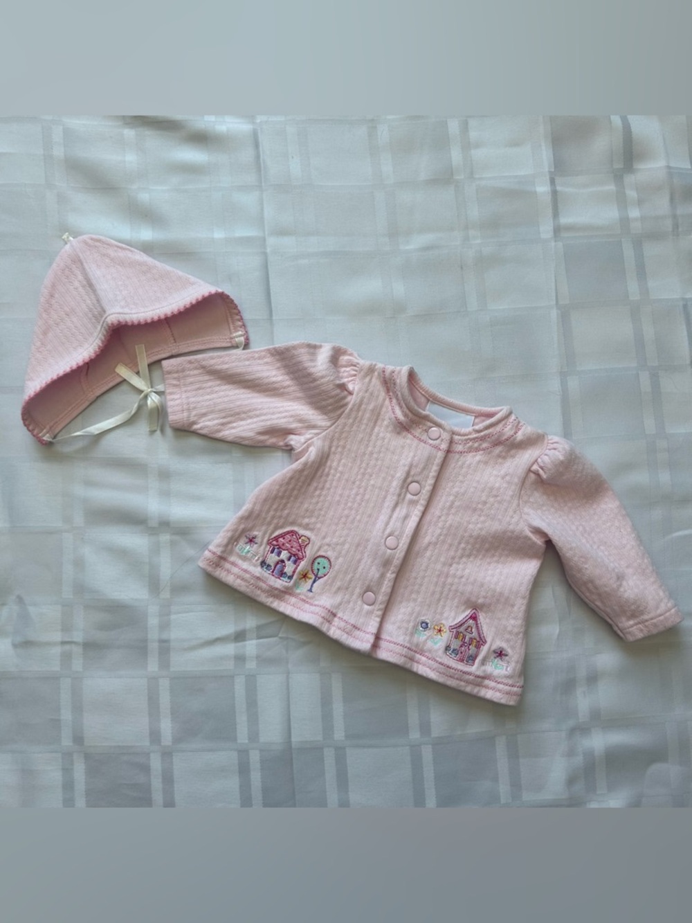 3 for $20 🐣 Mufflings Pink Baby Cardigan Embroidered Houses & Matching Bonnet